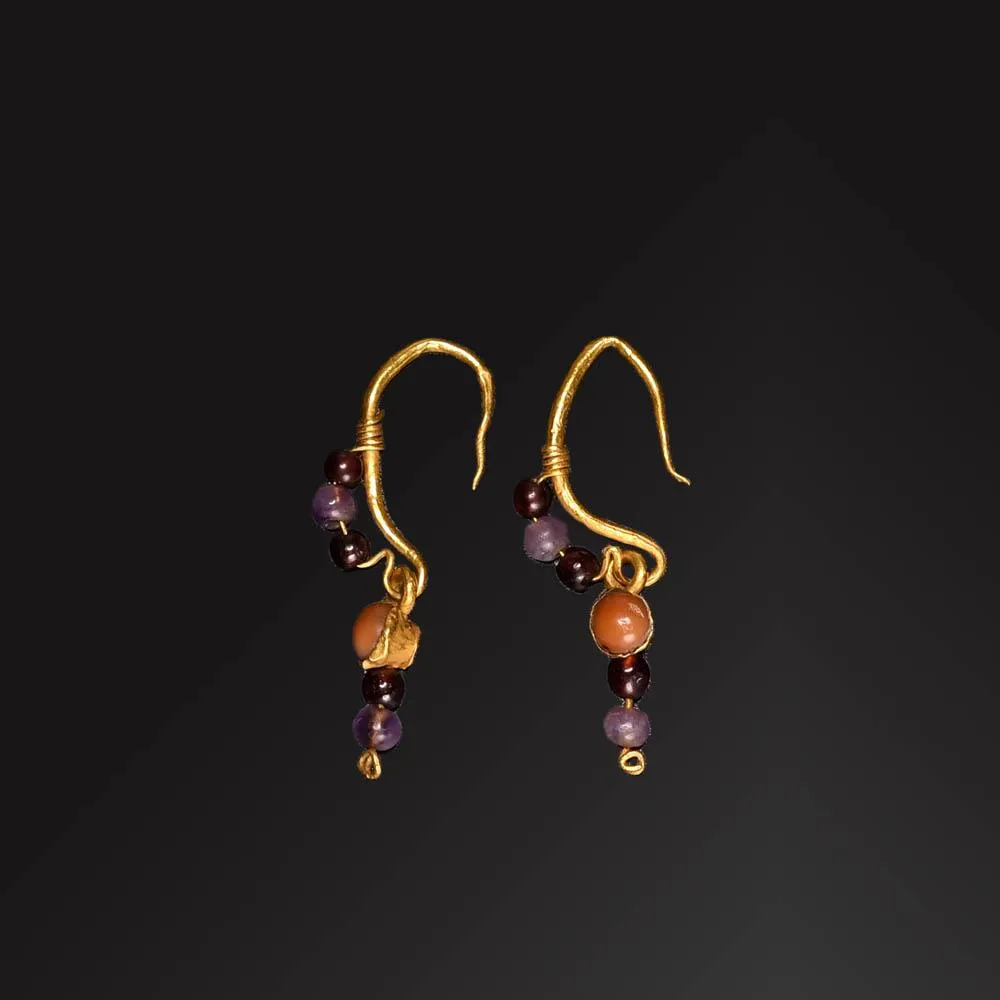 A Pair of Roman Gold, Garnet, Coral and Amethyst Earrings, ca. 1st century CE