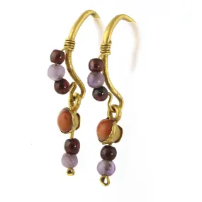 A Pair of Roman Gold, Garnet, Coral and Amethyst Earrings, ca. 1st century CE